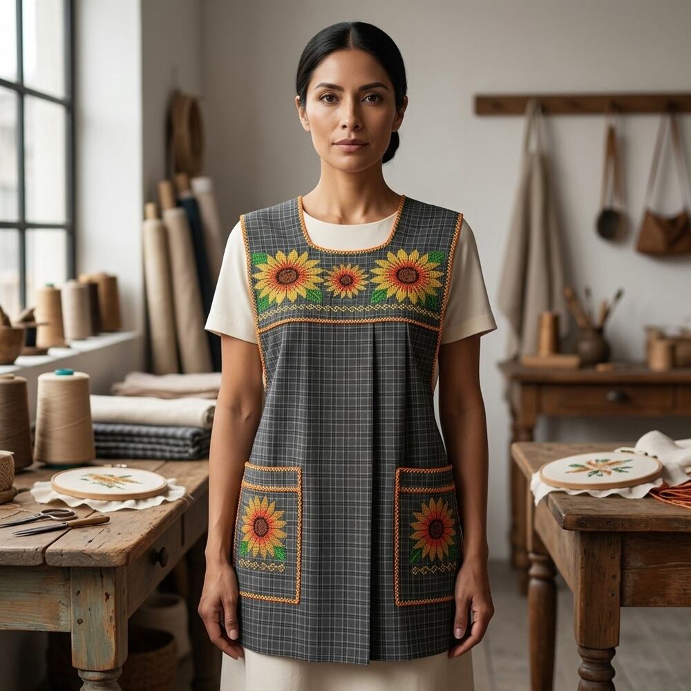 Traditional Mexican Cross-Stitch Embroidered Apron – Deluxe Artisan Smock Style